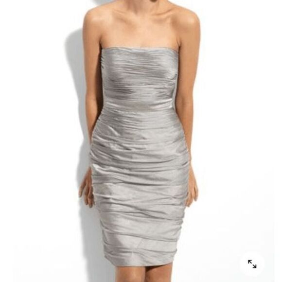 Studio Y Strapless Bodycon Silver Metallic Ruched Layered Mini Dress Party M - Picture 7 of 7